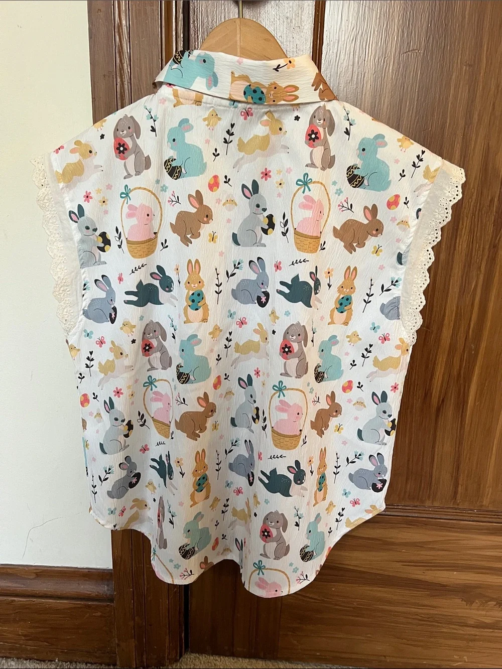 Girls' Bunny Print Lace-Trim Button Front Top - White